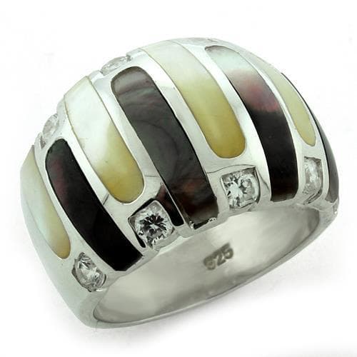 Sterling Silver Mother of Pearl Shell CZ Striped Dome Ring