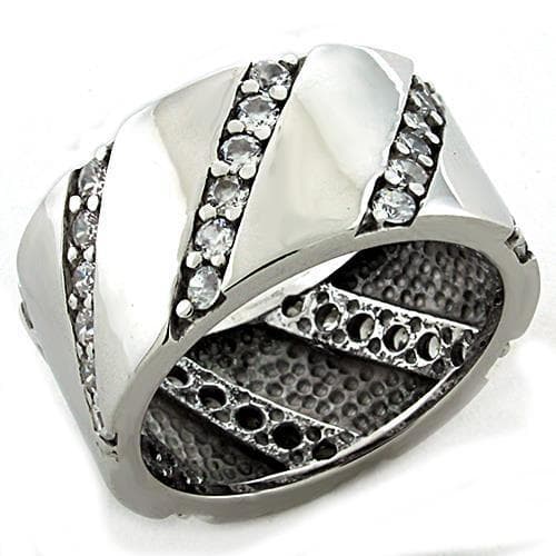 Sterling Silver CZ Diagonal Stripe Pave Wide Band Ring