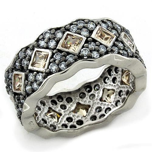 Sterling Silver Champagne CZ Princess Wave Pave Wide Band Ring