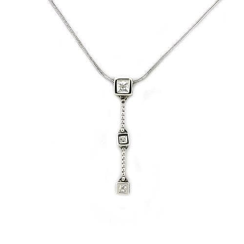 Sterling Silver CZ Square Bezel Tiered Drop Pendant Necklace