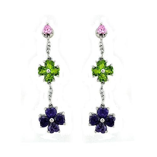 Sterling Silver Pink Green Purple CZ Flower Cluster Drop Earrings