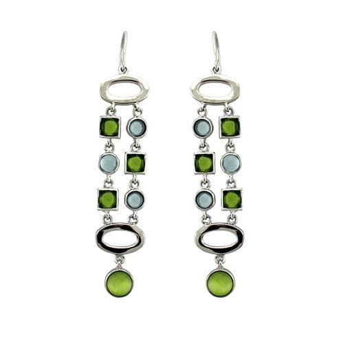 Sterling Silver Green Cat Eye Geometric Tiered Drop Earrings