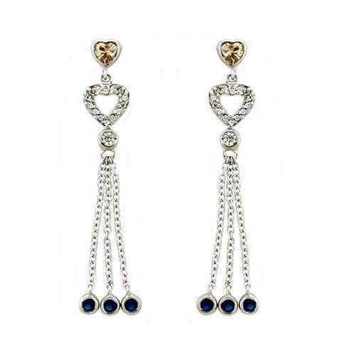 Sterling Silver Gold Champagne CZ Heart Sapphire Tassel Earrings