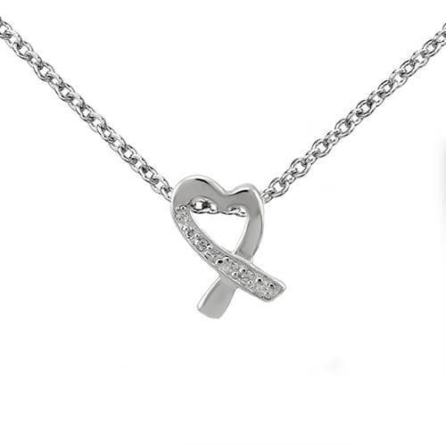 Sterling Silver CZ Heart Ribbon Pendant Chain Necklace