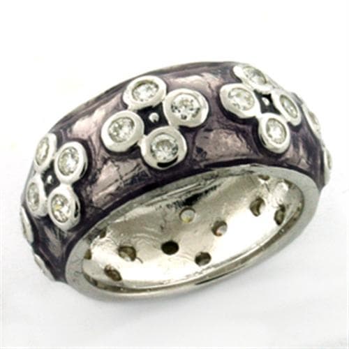 Sterling Silver Purple Enamel CZ Flower Scattered Wide Band Ring