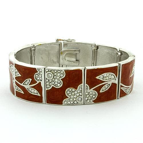 Sterling Silver Brown Enamel CZ Floral Vine Wide Bracelet