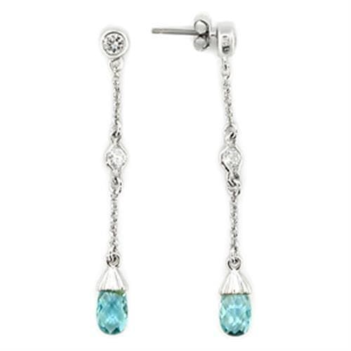Sterling Silver Aqua Blue CZ Teardrop Bar Drop Earrings