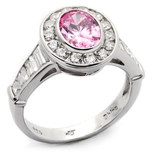 Sterling Silver Pink CZ Round Bezel Baguette Halo Ring