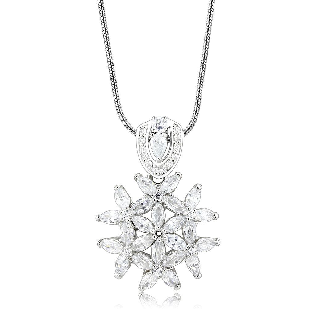 Sterling Silver CZ Marquise Sunburst Flower Pendant Necklace