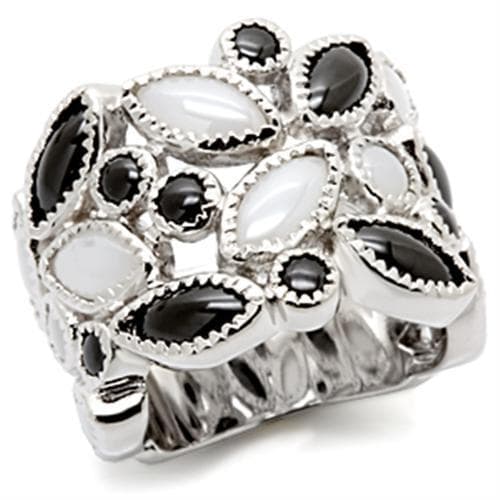 Sterling Silver Mother of Pearl Black Onyx CZ Floral Dome Ring