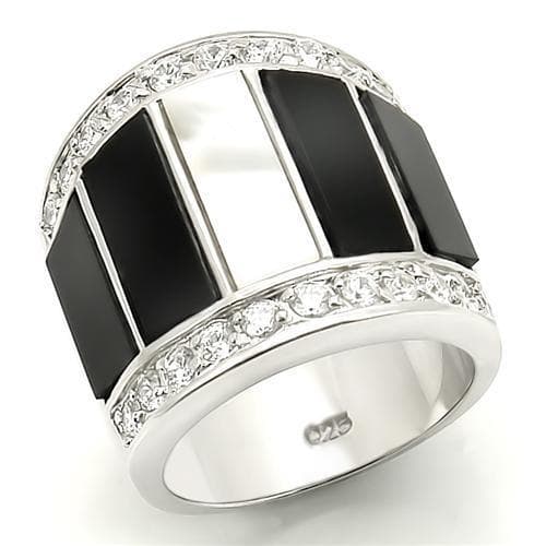 Sterling Silver Black Onyx CZ Stripe Wide Band Ring