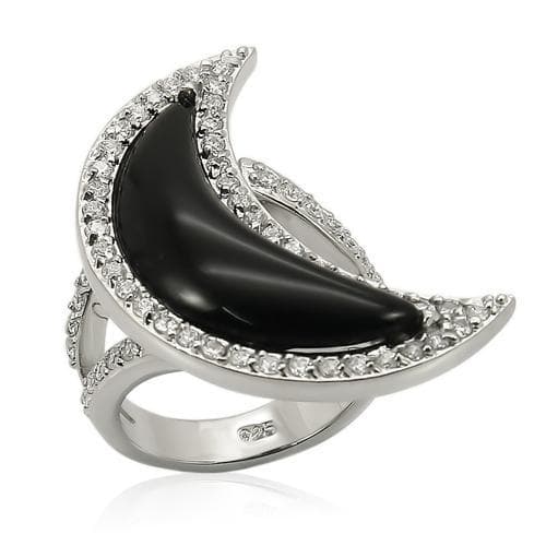 Sterling Silver Black Onyx CZ Crescent Moon Cocktail Ring