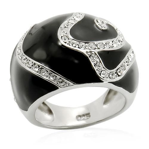 Sterling Silver Black Enamel CZ Pave Swirl Dome Ring