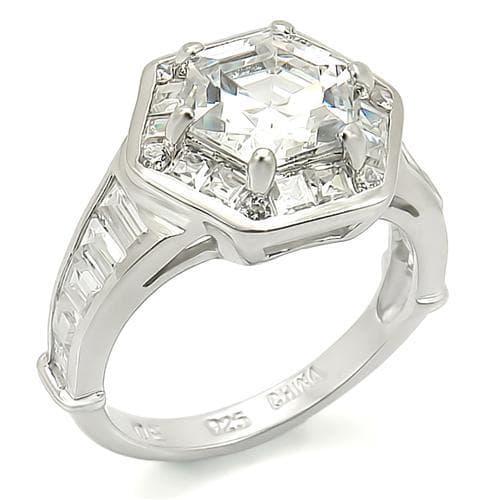 Sterling Silver CZ Emerald Hexagon Halo Baguette Ring