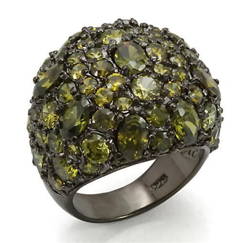 Sterling Silver Black Rhodium Olive Green CZ Pave Dome Ring