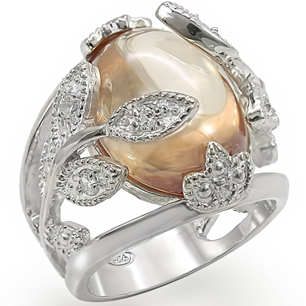 Sterling Silver Champagne Pearl CZ Leaf Vine Dome Ring