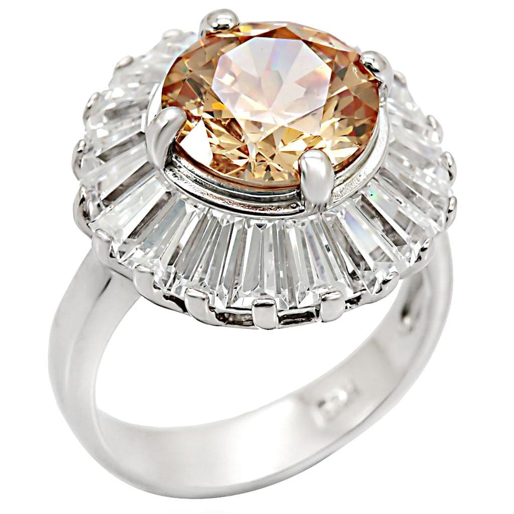 Sterling Silver Champagne CZ Round Baguette Fan Halo Ring