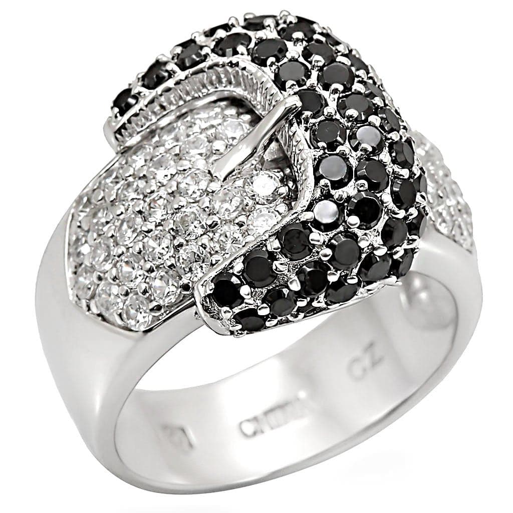 Sterling Silver Black White CZ Pave Buckle Dome Ring