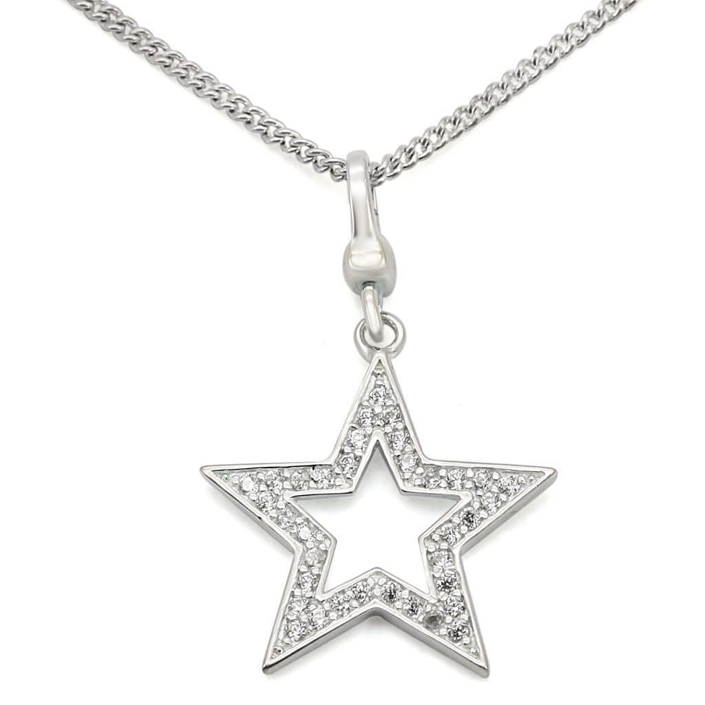 Sterling Silver CZ Open Star Pave Pendant Necklace