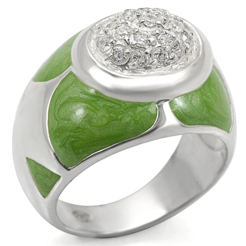 Sterling Silver Green Enamel CZ Pave Heart Dome Ring
