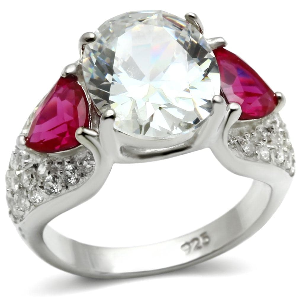 Sterling Silver CZ Oval Ruby Red Pear Three Stone Ring