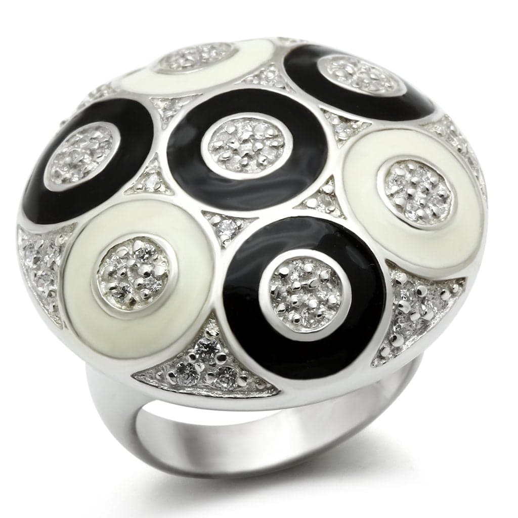Sterling Silver Black White Enamel CZ Circle Dome Ring