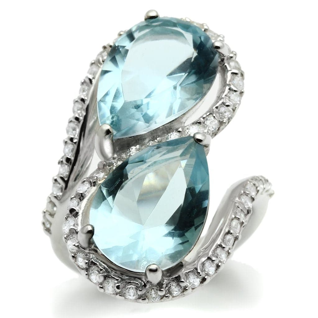 Sterling Silver Aqua Blue CZ Double Pear Bypass Cocktail Ring