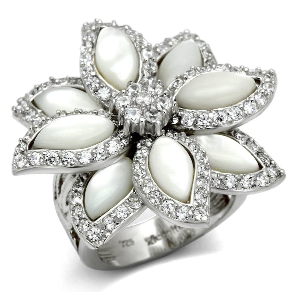 Sterling Silver White Mother of Pearl CZ Marquise Flower Ring