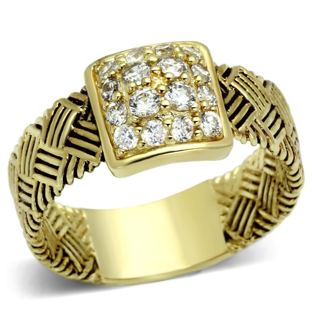 Sterling Silver Gold CZ Pave Cushion Basket Weave Band Ring