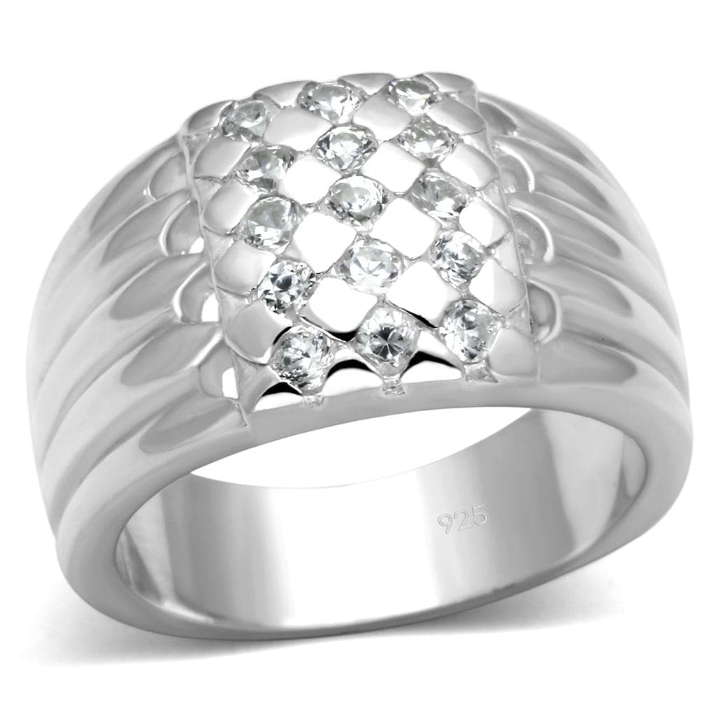 Sterling Silver CZ Round Checkerboard Wave Wide Band Ring