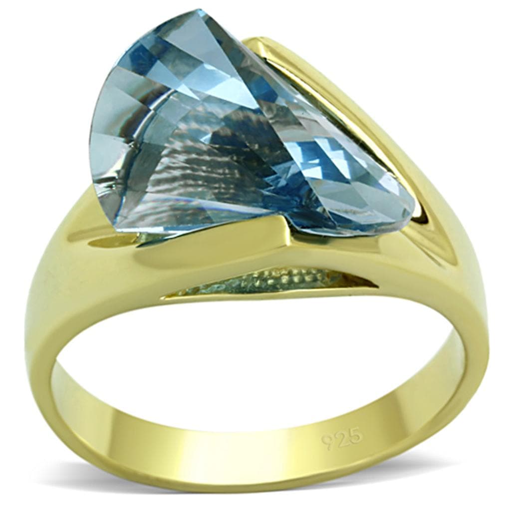 Sterling Silver Gold Aqua Blue CZ Fancy Cut Wedge Solitaire Ring