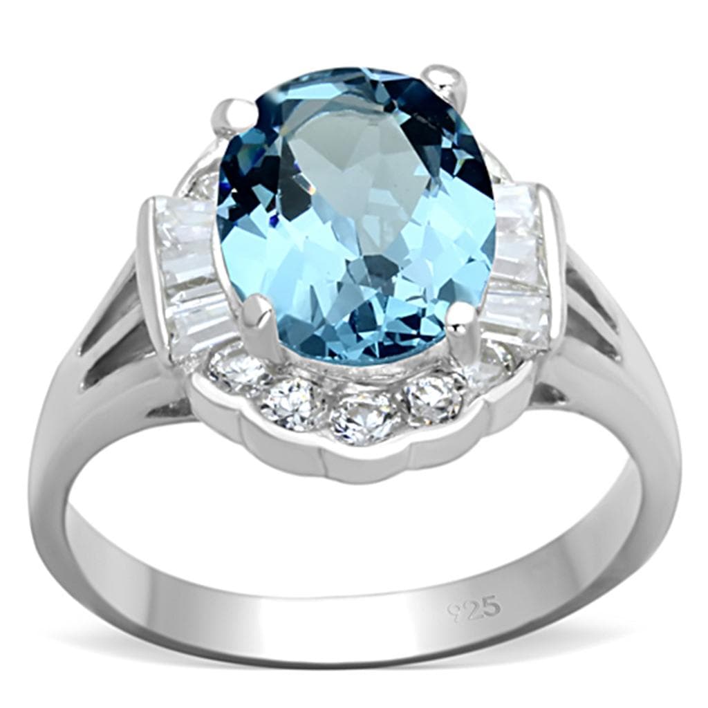 Sterling Silver Aqua Blue CZ Oval Baguette Halo Cocktail Ring