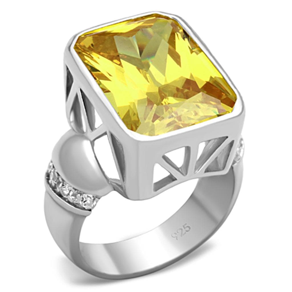 Sterling Silver Yellow Citrine Emerald Cut Lattice Open Work Ring