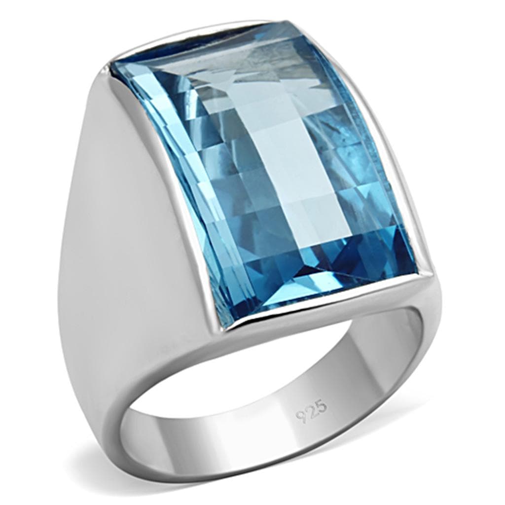 Sterling Silver Aqua Blue Emerald Cut Bezel Modern Signet Ring