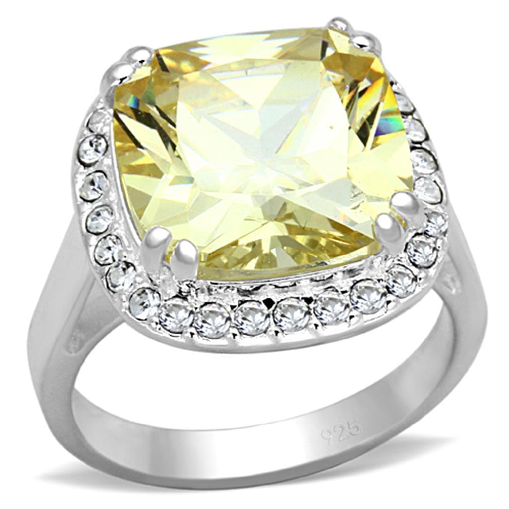 Sterling Silver Yellow Peridot CZ Cushion Pave Halo Cocktail Ring