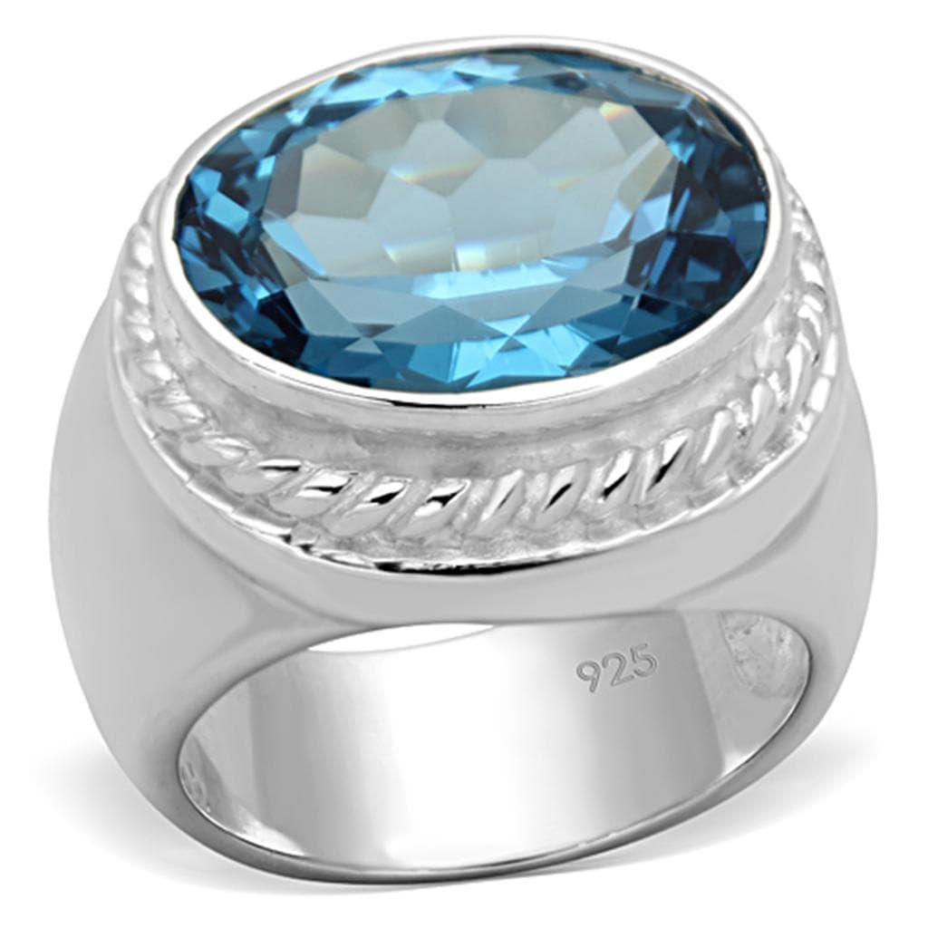 Sterling Silver Aqua Blue Oval Bezel Rope Frame Dome Ring