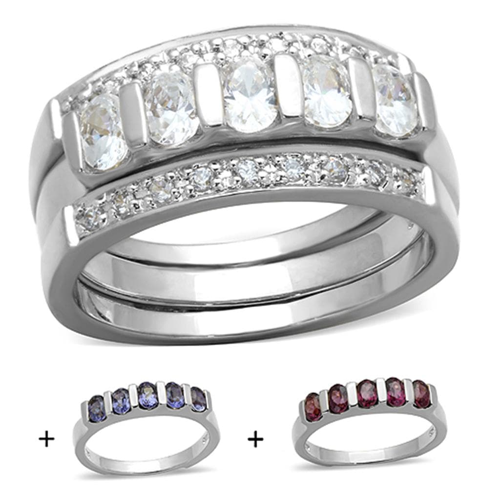 Sterling Silver CZ Oval Round Channel Three Band Stack Set Ring