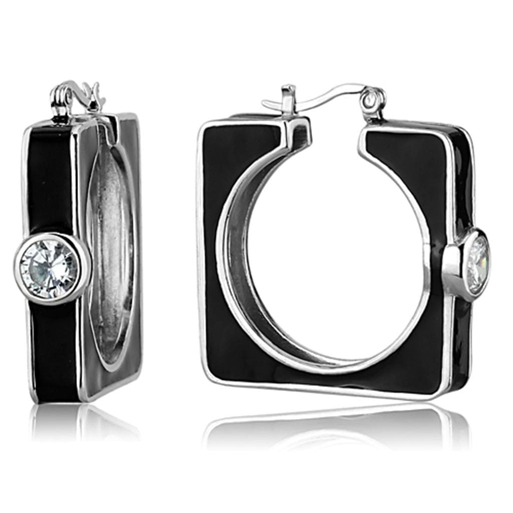 Sterling Silver Black Enamel Square CZ Modern Hoop Earrings
