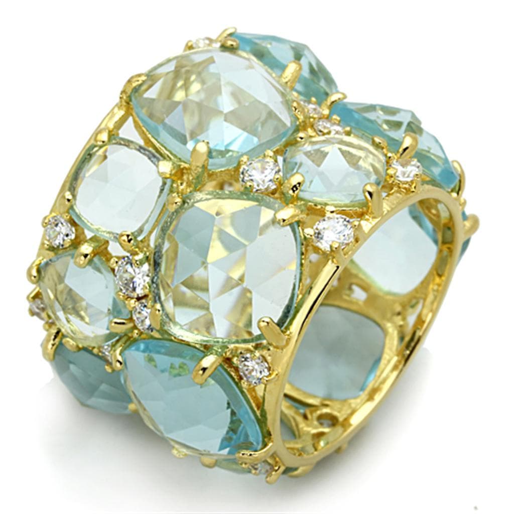 Sterling Silver Gold Aqua Blue CZ Faceted Cluster Wide Band Ring