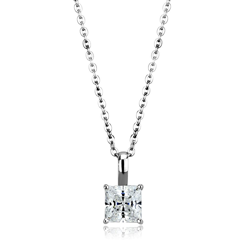 Sterling Silver CZ Princess Cut Prong Solitaire Pendant Necklace
