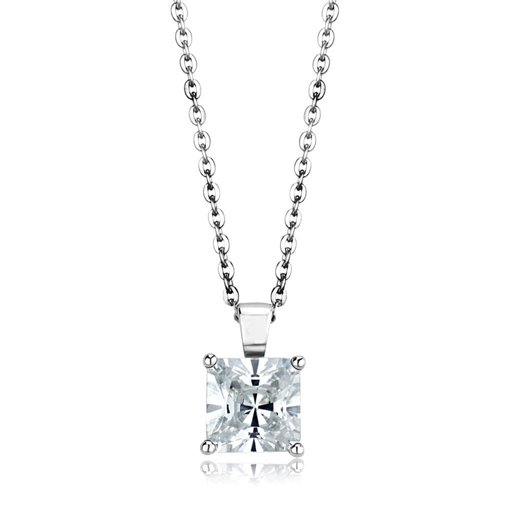 Sterling Silver CZ Princess Cut Basket Solitaire Pendant Necklace