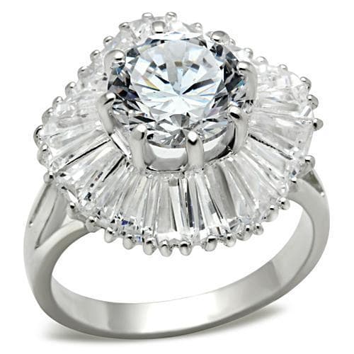 Sterling Silver CZ Round Baguette Sunburst Ballerina Halo Ring