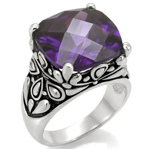 Stainless Steel Stainless Steel Purple Amethyst Cushion Ring