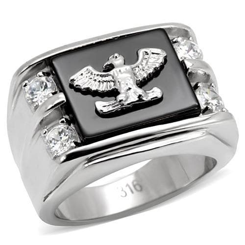 Stainless Steel Black Onyx Eagle CZ Military Signet Ring
