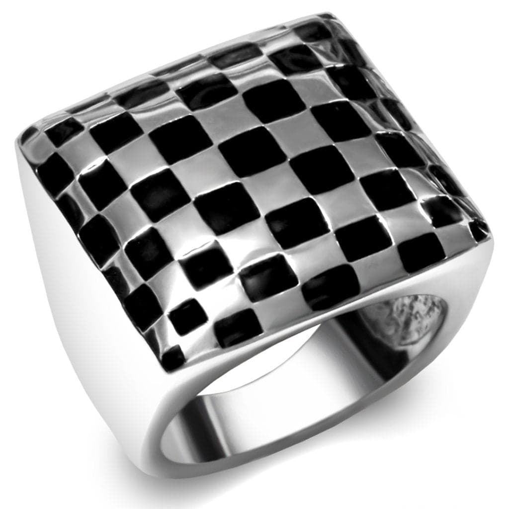Stainless Steel Black Silver Checkerboard Square Signet Ring