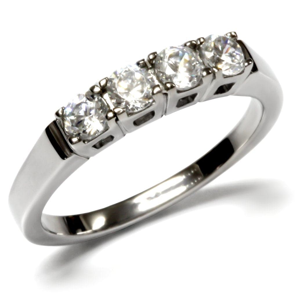 Stainless Steel CZ Round Three Stone Slim Band Ring