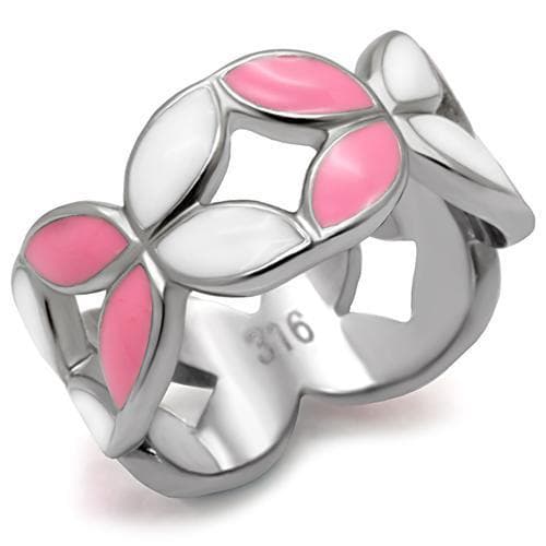 Stainless Steel Pink White Enamel Petal Flower Ring