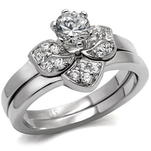 Stainless Steel CZ Petal Cluster Bridal Set Ring