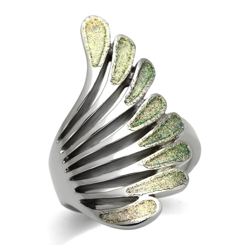 Stainless Steel Gold Green Glitter Enamel Wing Ring
