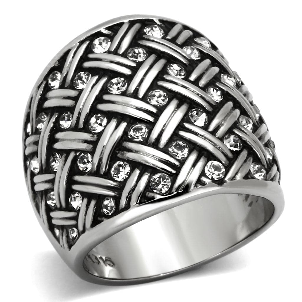 Stainless Steel Woven Basket Weave CZ Dome Ring